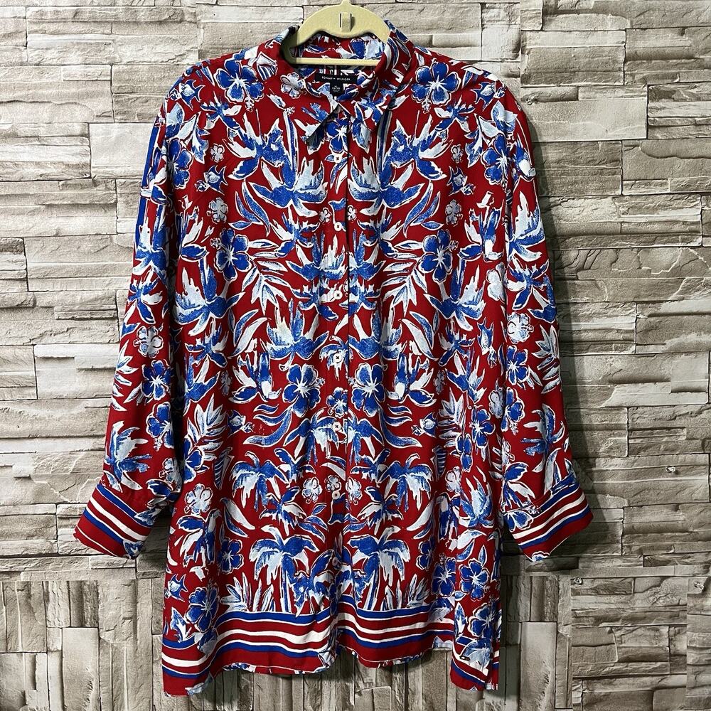 Tommy Hilfiger Women XL Floral Button Up Shirt Lightweight Long Sleeve Red Blue